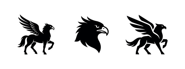 Fototapeta premium Mythological Pegasus and Griffin Fantasy Creature Silhouettes in Black