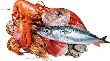 Assortment of fresh seafood including lobster fish shrimp, and oysters © Rowan