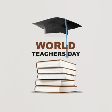 World Teachers Day featuring a stack of books and a graduation cap on a plain background, symbolizing education, academic success, and honor to educators. Concept of world teachers day