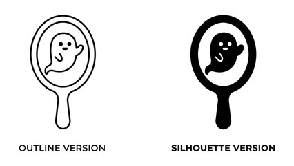 Ghost in Hand Mirror: A cute cartoon ghost reflected in a handheld mirror, presented in both outline and silhouette versions. A whimsical graphic representing transparency or reflection. © mrs