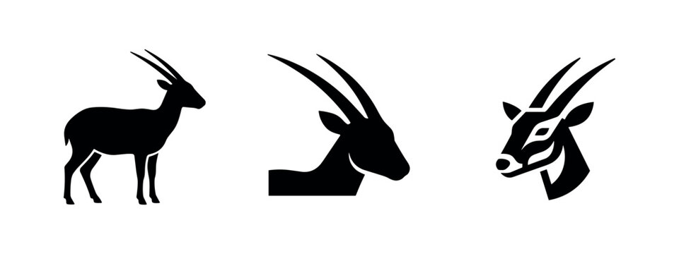 Oryx antelope icon set, vector illustration of desert mammal silhouette with long horns.