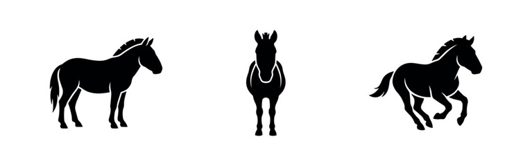 Fototapeta premium Horse Silhouettes Set: Standing, Front View, and Galloping Equestrian Designs.