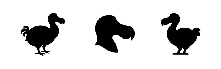 Dodo Bird Silhouettes Set: Extinct Flightless Bird in Various Poses and Head Profile. © Lili