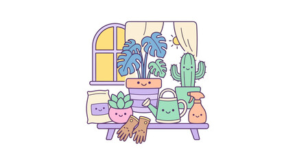 Fototapeta premium Cute indoor plant shelf with smiling cacti and window.