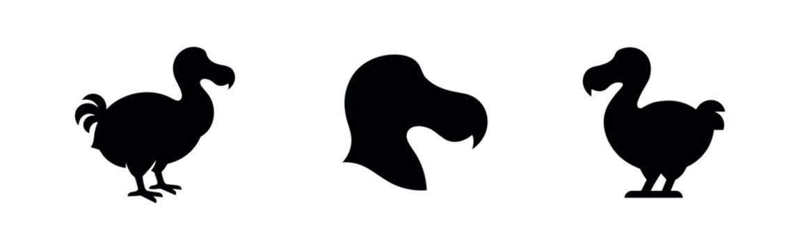 Dodo Bird Silhouettes Set: Extinct Flightless Bird in Various Poses and Head Profile.