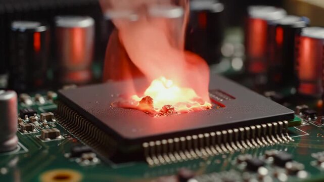 Smoldering cpu burning on motherboard molten solder glows and sparks erupt smoke rises close-up macro of circuit board showing capacitors and traces dramatic redorange glow conveying hardware