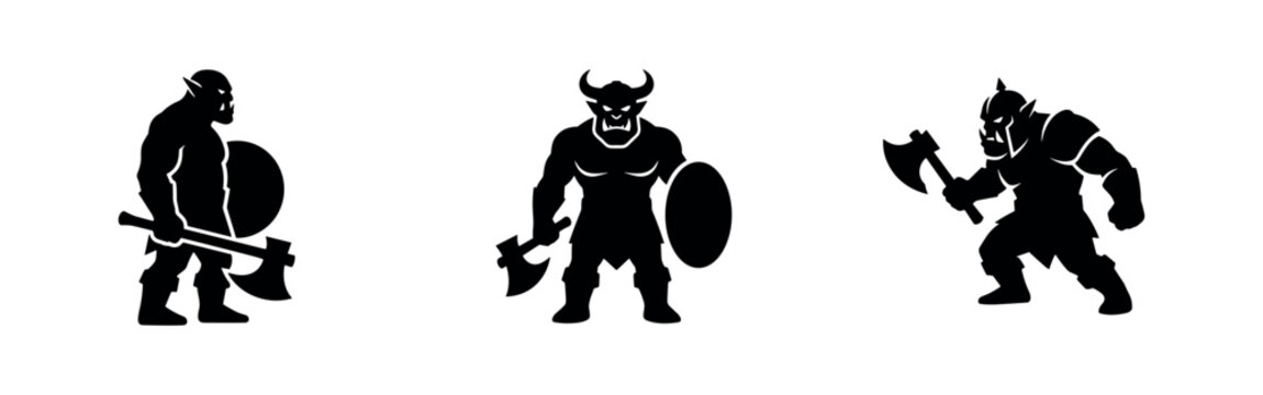 Orc Warrior Silhouettes Set: Fantasy Characters with Axe and Shield.