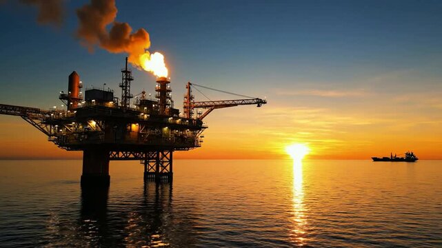 Offshore oil rig platform with gas flare at sunset, industrial energy production and marine logistics in the open ocean