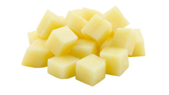Diced raw potatoes pile cut into cubes, fresh vegetable ingredient