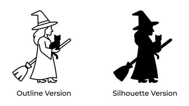 Halloween Witch and Cat: Two stylistic depictions of a witch holding a cat with a broom, one an outline and the other a silhouette, perfect for Halloween-themed designs.