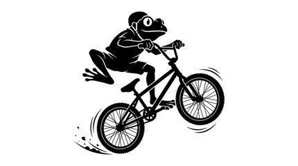 Fototapeta premium Frog character wearing helmet riding a BMX bike doing a jump on white background
