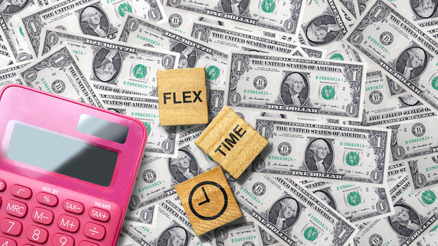 US dollar bills, a pink calculator, and wooden blocks labeled with Flex, Time, and a clock symbol, representing flexible working hours, financial planning, and time management. Concept of Flextime
