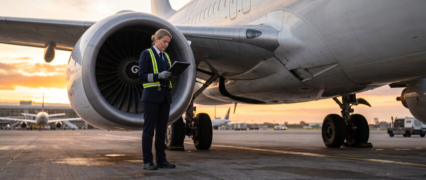 Commercial airline pilot performs preflight aircraft inspection, verifying safety procedures and flight readiness before departure in professional aviation environment with copy space.