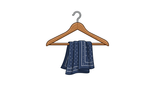 Blue bandana with paisley pattern hanging on a wooden clothes hanger isolated on white background