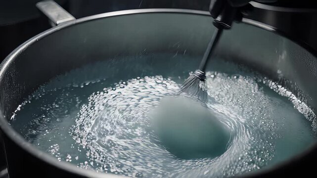 Industrial worker&rsquo;s hands stirring sodium hydroxide solution with mechanical stirrer inside a laboratory environment  