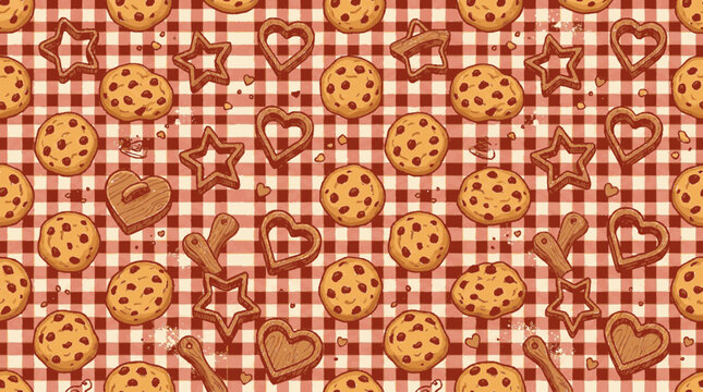 Seamless pattern featuring chocolate chip cookies and decorative heart star shaped cutters on red gingham with showcases repeating seamless