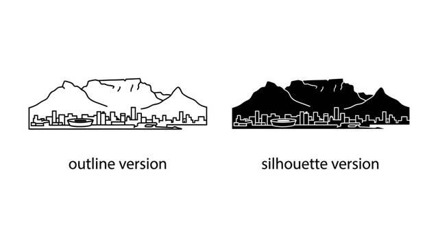 Table Mountain Landmark Icons: Two stylized depictions of Table Mountain, one in outline and the other as a solid silhouette, showcase the iconic landmark and cityscape.