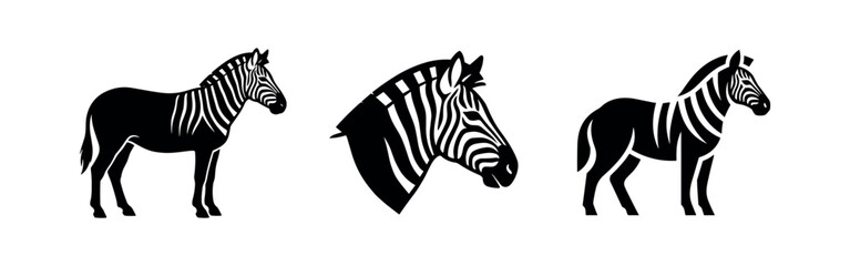 Obraz premium Zebra Silhouettes Icons Set, African Wildlife Stripe Pattern Pictograms, Savannah Animal Illustrations