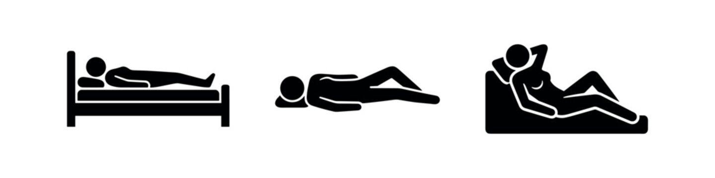 Sleeping and Resting People Silhouettes Icon Set, Relaxation and Comfort Pictograms, Bedtime and Leisure Activity Illustrations