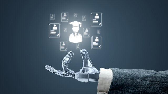 A close-up of robotic hand interacting with holographic icons representing graduate student profiles and recruitment qualifications, symbolizing AI in recruiting. Concept of Recruitment Qualification