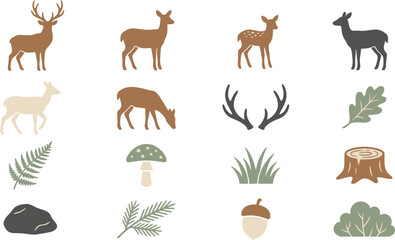 Obraz premium Minimalist flat vector icon set depicting deer in various poses with surrounding forest flora and natural items