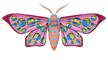 Pink butterfly with blue and yellow eye spots on wings and striped body © Rowan