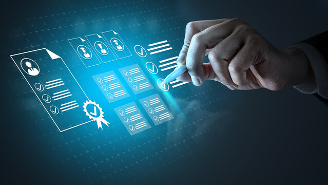 A hand interacting with digital interface icons for recruitment, candidate screening, compliance, and corporate certification processes. Concept of Recruitment Qualification