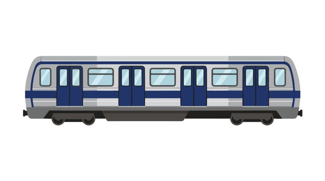 modern blue train with sleek design and large windows traveling on tracks in a bright outdoor setting