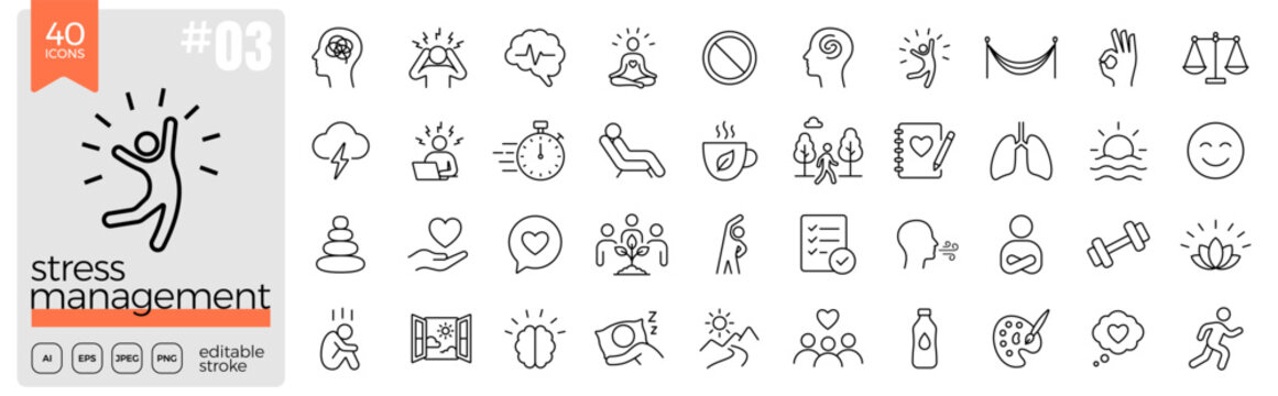 Stress management outline icon set. Stress, anxiety, relaxation, meditation, mindfulness, therapy, wellness, breathing, resilience, balance, support, selfcare. Editable stroke. Vector illustration