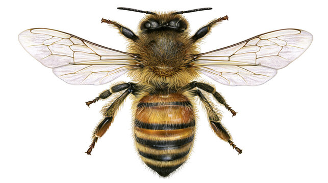 Honey bee with detailed wings and striped abdomen