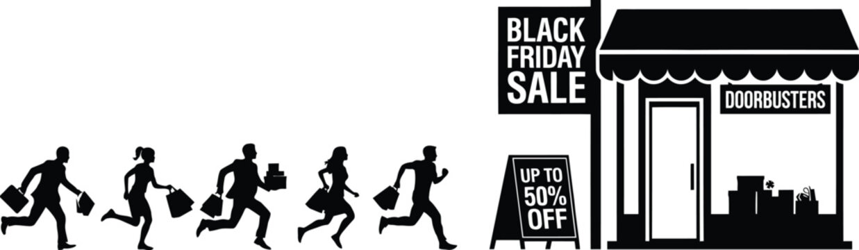 Silhouettes of people running with shopping bags towards a store for Black Friday sale