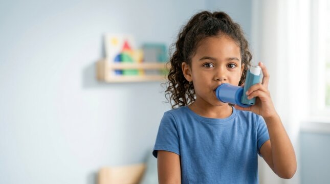 Young girl with curly hair using a blue metered-dose inhaler and spacer device for asthma treatment in a bright indoor room, depicting pediatric respiratory health care and medical management.