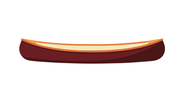 Minimalist wooden canoe on calm water surrounded by lush greenery in bright sunlight