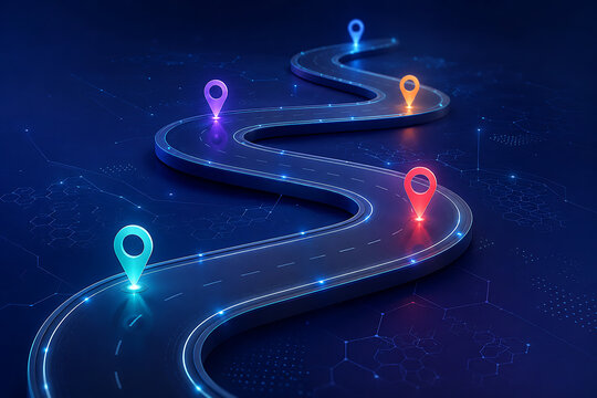 Futuristic glowing roadmap with colorful location pins illustrating digital navigation route planning milestone tracking technology journey progress and successful destination achievement