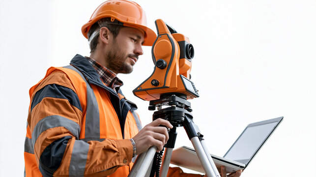 Isolate on white background no shadow photorealistic young surveyor documenting foundation layout before concrete pouring using robotic total station integrated with laptop and GNS