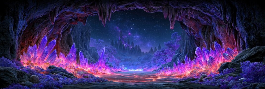 Enchanting cave interior with glowing purple crystals and a starry night sky visible
