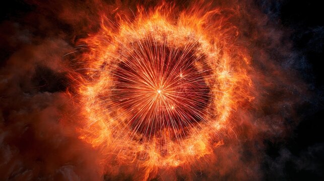 Exploding Firework Burst with Fiery Ring and Smoke Against Dark Sky