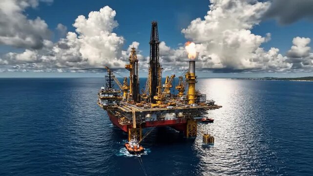 Aerial view of offshore oil drilling rig platform with flare stack in open ocean oil rig drilling platform