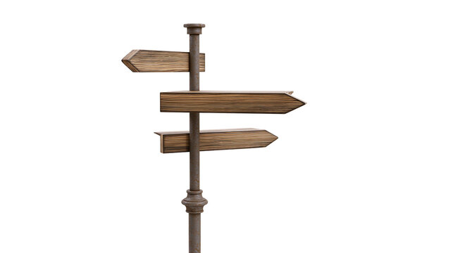 Wooden directional signpost with three arrow-shaped signs