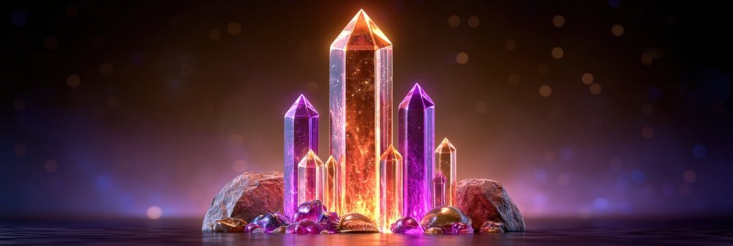 Glowing Crystals and Rocks on a Dark Reflective Surface with Bokeh Lights
