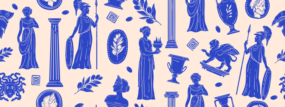 Ancient Greek seamless pattern, Rome antique wallpaper, goddess statue silhouette mythology print. Hand drawn engraving traditional culture repeat background, blue column. Retro Greek fabric pattern