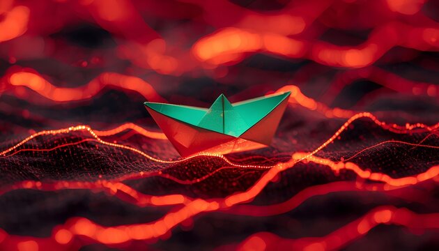Macro shot of an origami paper boat navigating over rough waves made of glowing red stock market graph lines, economic volatility and financial risk concept