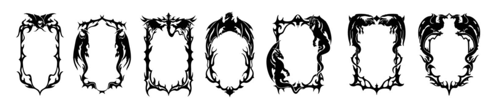 Gothic dragon frame, fantasy game dark border, mystic fairy tale medieval background, spike swirl. Antique mythology beast silhouette ornamental decor, RPG menu concept. Dragon symbol frame collection