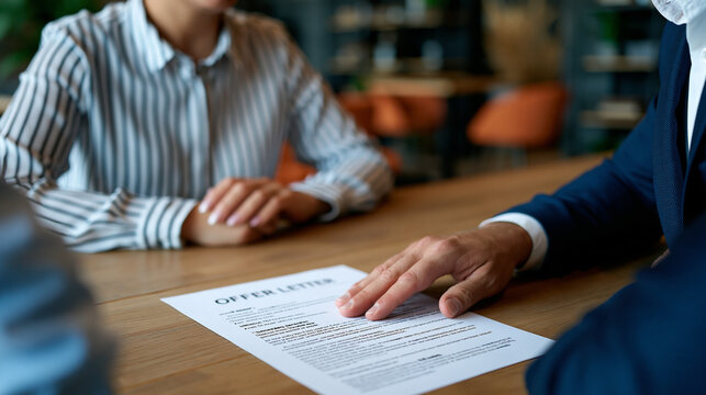 A salaried professional sits across from a hiring manager at a minimal conference table, a printed offer letter between them, her hand pressed flat on the page mid-negotiation, both parties in a mom
