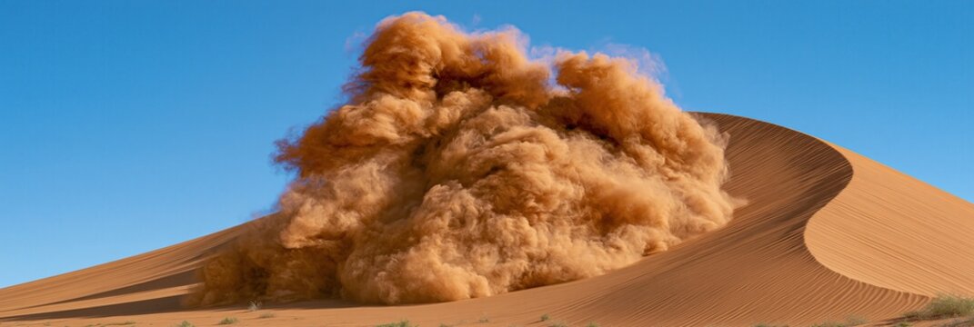 Massive sand dune collapsing with a huge cloud of dust against a clear blue sky