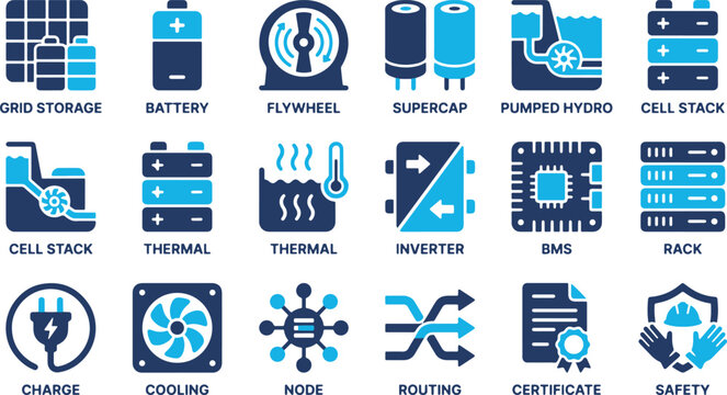 Energy storage system icon set featuring battery, flywheel, supercap, pumped hydro, thermal, inverter, BMS, rack, charge, and cooling