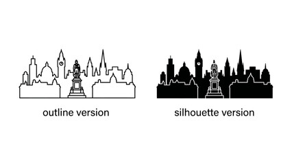 City Skyline Duo: A striking visual representation of a cityscape, presented in both outline and silhouette versions, featuring iconic architectural landmarks and a prominent chess piece motif. © Sara