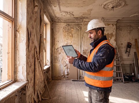 Handwerker mit Warnweste und Bauhelm pr&uuml;ft eine Punktwolke am Tablet bei der Altbausanierung in einem Gr&uuml;nderzeit Raum