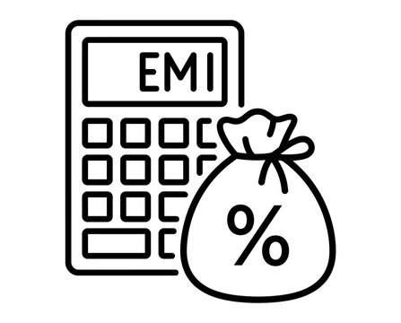 EMI calculator icon with money bag. Financial loan installment payment outline vector symbol.