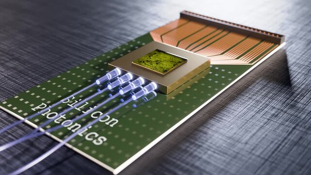 Silicon photonics concept.  3d rendered animation of a silicon chip with photonic interconnect.